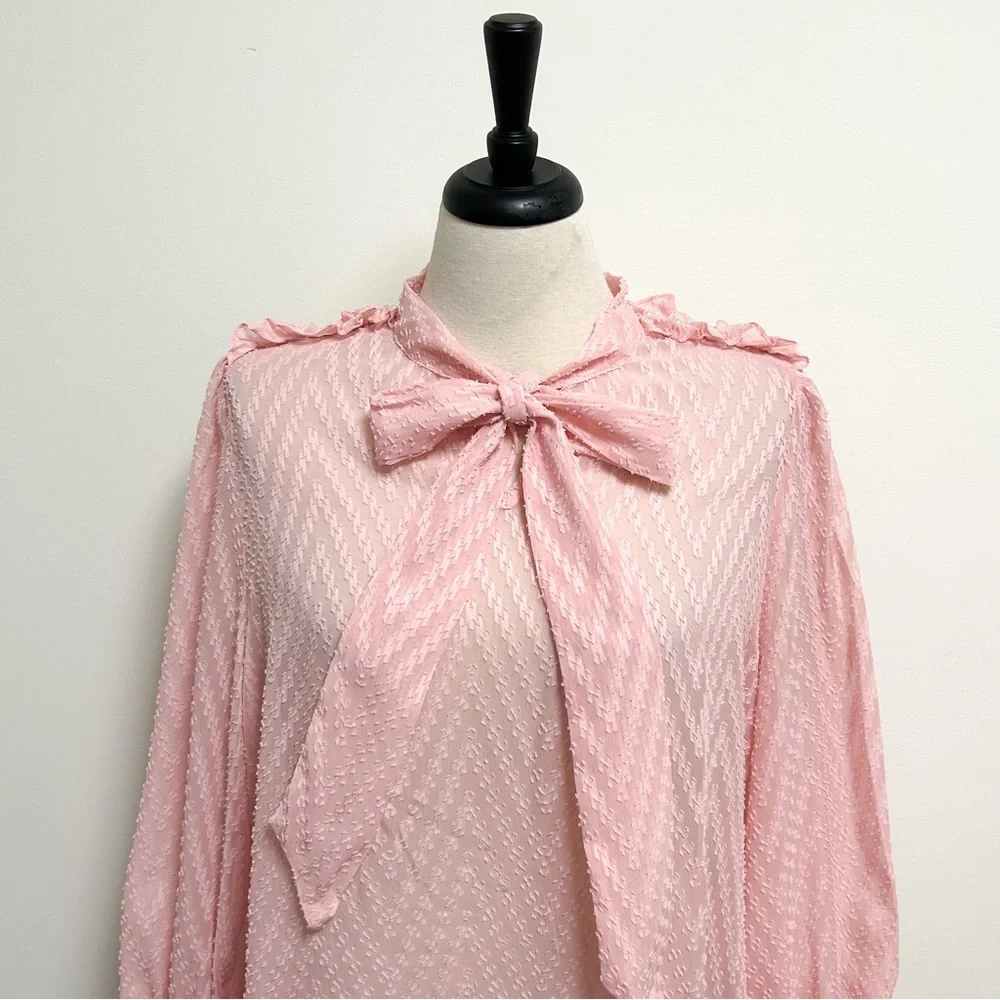 Shein Pink Sheer Chevron Faux Pearl Puff Flounce Sleeve Pussycat Bow Blouse 2XL - Picture 2 of 10